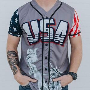 Greater Half Custom Baseball Jersey Button Down USA Grey America #1 Size Medium